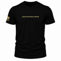 A black short-sleeve crewneck t-shirt with 'LEAD WITHOUT FEAR' printed in gold across the chest and a gold American flag graphic on the right sleeve, shown on a plain white background.