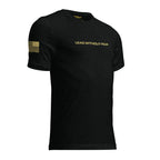 A black short-sleeve crewneck t-shirt with 'LEAD WITHOUT FEAR' printed in gold across the chest and a gold American flag graphic on the right sleeve, shown on a plain white background.