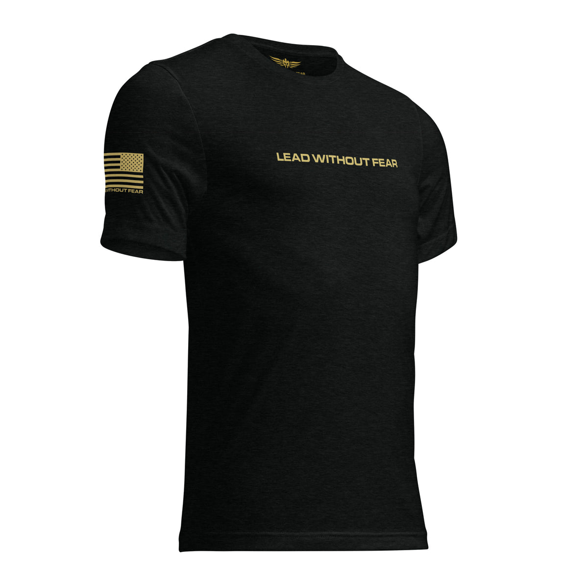 A black short-sleeve crewneck t-shirt with 'LEAD WITHOUT FEAR' printed in gold across the chest and a gold American flag graphic on the right sleeve, shown on a plain white background.