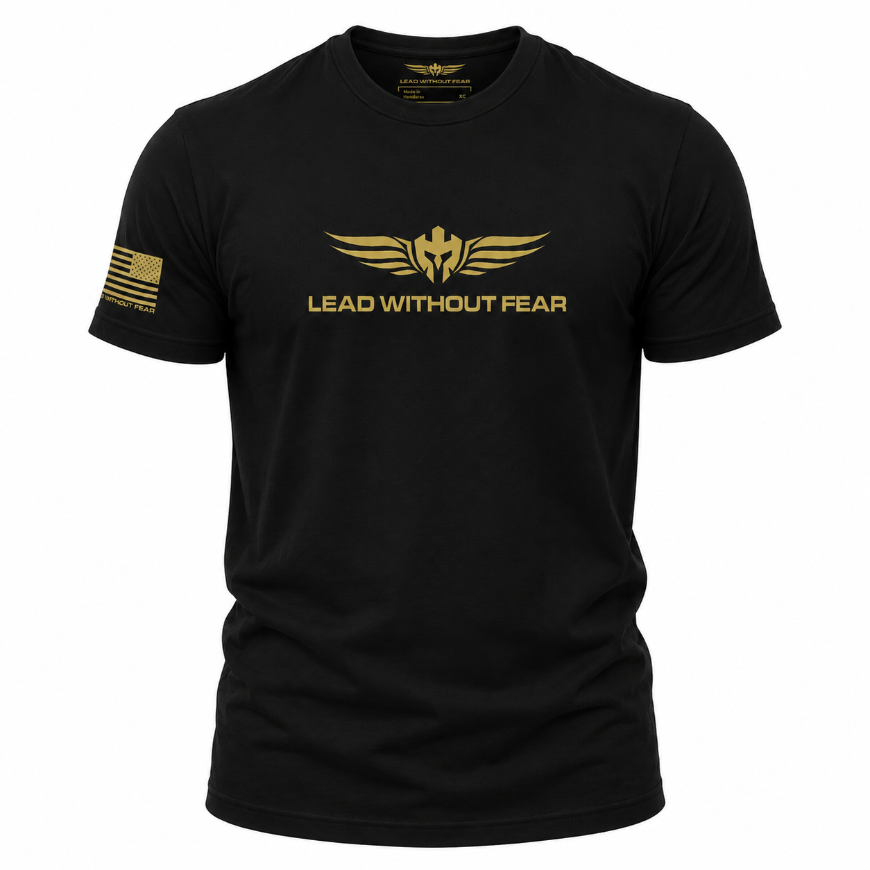 A black short-sleeve crewneck t-shirt with a gold winged logo and the text 'LEAD WITHOUT FEAR' printed on the chest, featuring a gold American flag graphic on the right sleeve.