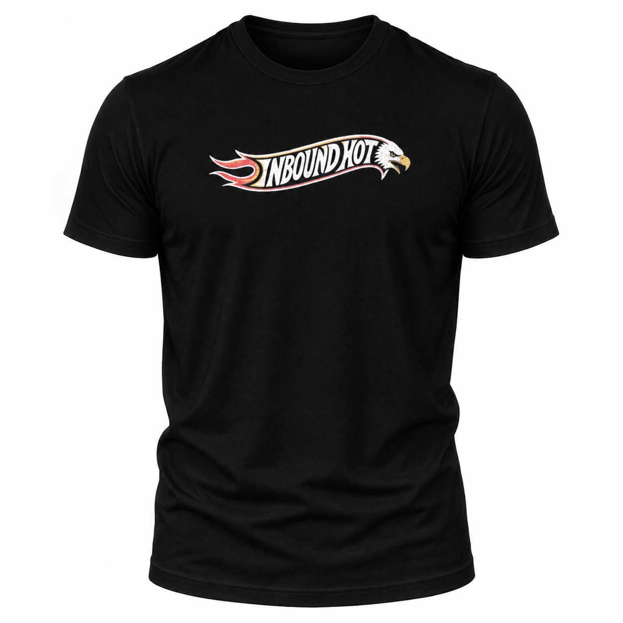 A black short-sleeve crewneck t-shirt featuring a 'NBOUND HOT' graphic across the chest, logo with a flame motif and an eagle head on the right side.