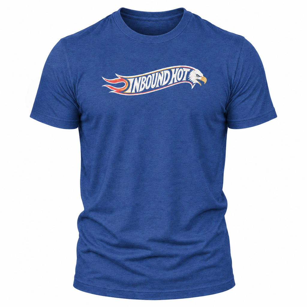 A heather blue short-sleeve t-shirt with a 'Inbound Hot' graphic across the chest, featuring a white, red, and yellow design with a and eagle motif.