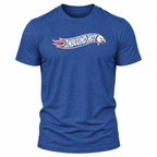 A heather blue short-sleeve t-shirt with a 'Inbound Hot' graphic across the chest, featuring a white, red, and yellow design with a and eagle motif.