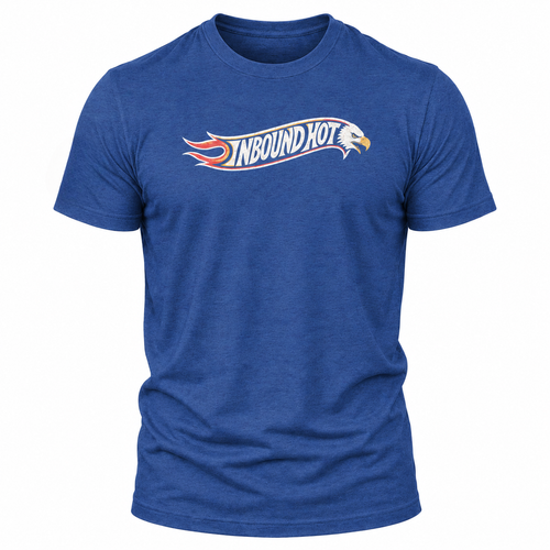 A heather blue short-sleeve t-shirt with a 'Inbound Hot' graphic across the chest, featuring a white, red, and yellow design with a and eagle motif.