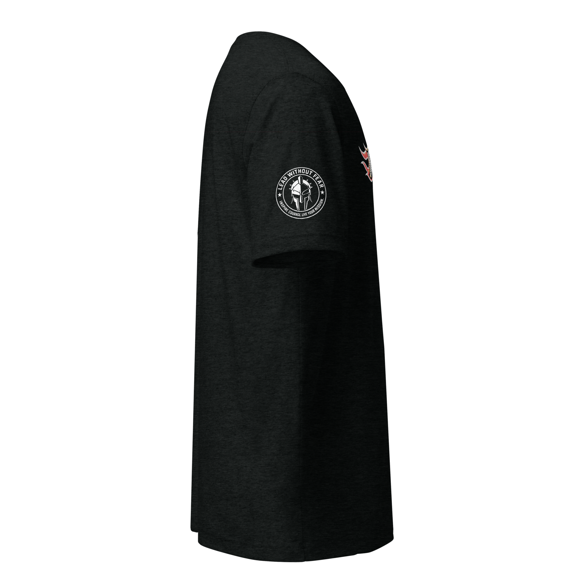A black short-sleeve t-shirt shown from the side profile against a solid white background. The shirt features a circular white and black graphic on the left sleeve depicting a Spartan helmet and the text 'UNITED STATES MARINES', with a small red and white graphic on the right sleeve.