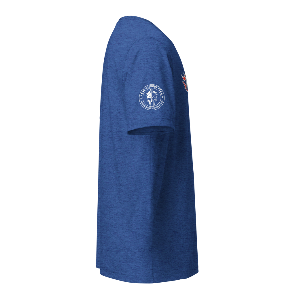 A heather blue short-sleeve t-shirt shown from the side profile, featuring a circular white and red graphic on the left sleeve and a small red graphic on the right sleeve, set against a plain white background.