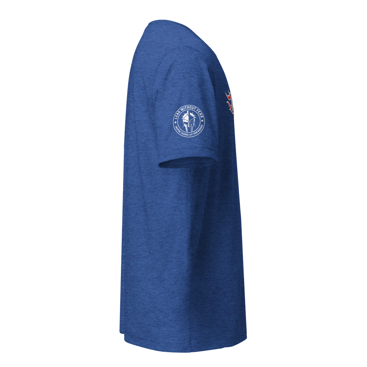 A heather blue short-sleeve t-shirt shown from the side profile, featuring a circular white and red graphic on the left sleeve and a small red graphic on the right sleeve, set against a plain white background.