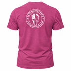 A heather pink short-sleeve t-shirt shown from the back, featuring a large white circular graphic with a Spartan helmet and the text 'LEAD WITHOUT FEAR' and 'HONOR YOUR COURAGE LIVE YOUR VISION'.