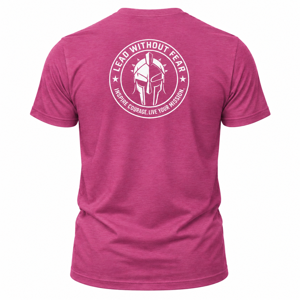 A heather pink short-sleeve t-shirt shown from the back, featuring a large white circular graphic with a Spartan helmet and the text 'LEAD WITHOUT FEAR' and 'HONOR YOUR COURAGE LIVE YOUR VISION'.