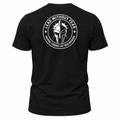A black short-sleeve t-shirt shown from the back, featuring a large white circular graphic print with a Spartan helmet and the text 'LEAD WITHOUT FEAR' and 'INSPIRE COURAGE. LIVE YOUR MISION.