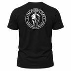 A black short-sleeve t-shirt shown from the back, featuring a large white circular graphic print with a Spartan helmet and the text 'LEAD WITHOUT FEAR' and 'INSPIRE COURAGE. LIVE YOUR MISION.