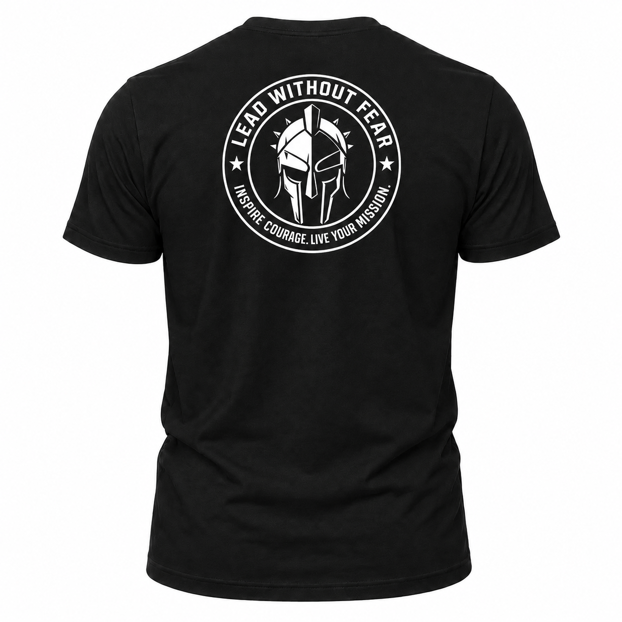 A black short-sleeve t-shirt shown from the back, featuring a large white circular graphic print with a Spartan helmet and the text 'LEAD WITHOUT FEAR' and 'INSPIRE COURAGE. LIVE YOUR MISION.