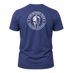A heathered blue short-sleeve t-shirt shown from the back, featuring a white circular graphic with a Spartan helmet and the text 'LEAD WITHOUT FEAR' and 'NATURE COURAGE LIVE YOUR MISSION'.
