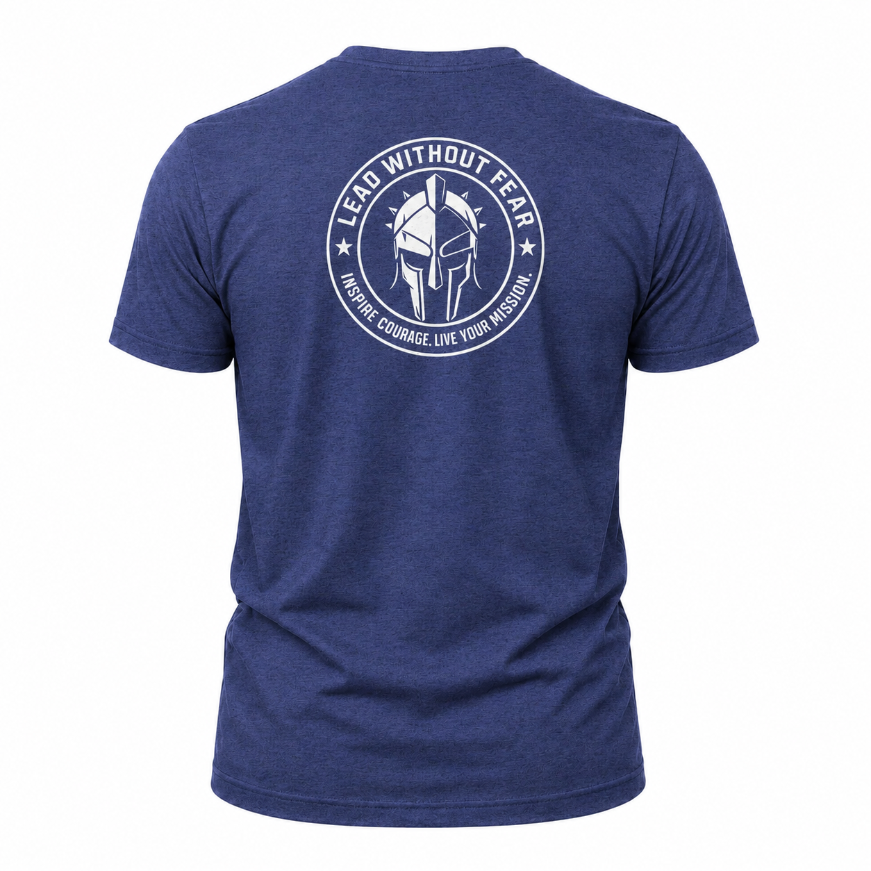 A heathered blue short-sleeve t-shirt shown from the back, featuring a white circular graphic with a Spartan helmet and the text 'LEAD WITHOUT FEAR' and 'NATURE COURAGE LIVE YOUR MISSION'.