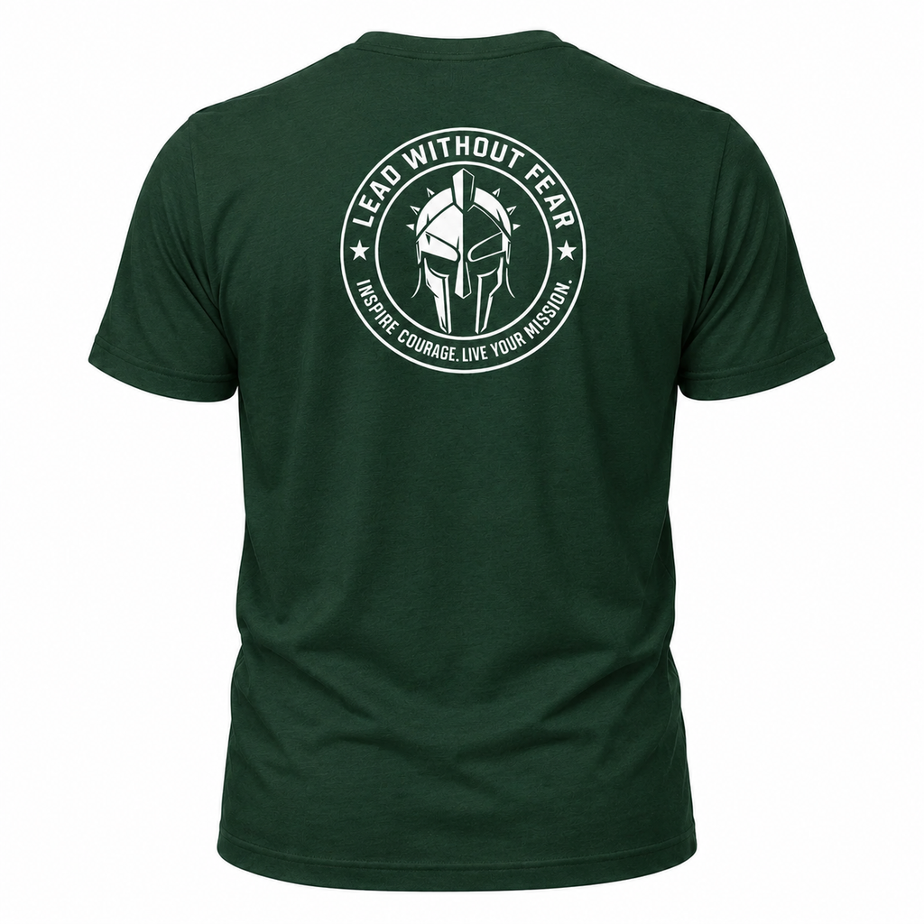 A dark green short-sleeve t-shirt shown from the back, featuring a large white circular graphic print with a Spartan helmet and the text 'LEAD WITHOUT FEAR' and 'TRUE COURAGE, LIVE YOUR MISION'.