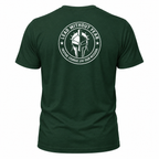A dark green short-sleeve t-shirt shown from the back, featuring a large white circular graphic print with a Spartan helmet and the text 'LEAD WITHOUT FEAR' and 'TRUE COURAGE, LIVE YOUR MISION'.