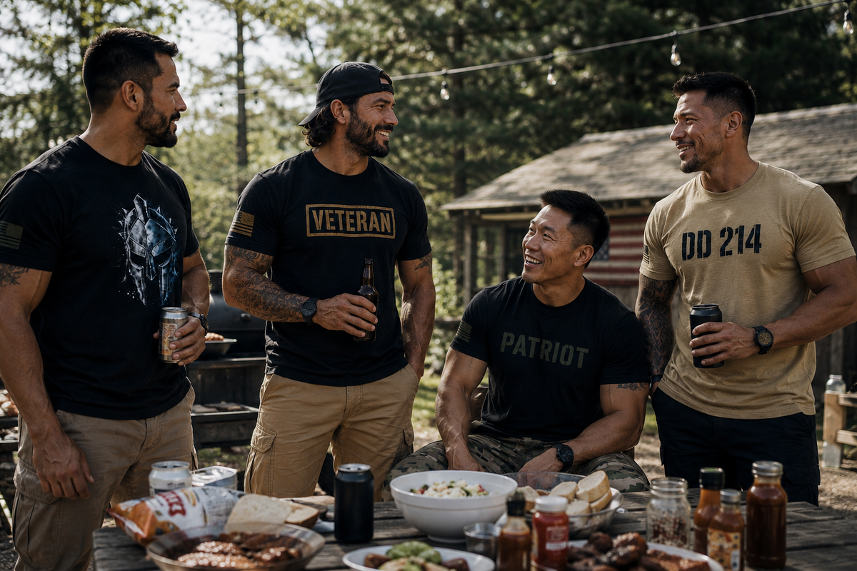 Four men standing and sitting outdoors around a picnic table, wearing tactical-style graphic t-shirts. One shirt reads 'VETERAN' with a gold outline, another reads 'PATRIOT' in dark green, and another reads 'DD 214' in dark green.