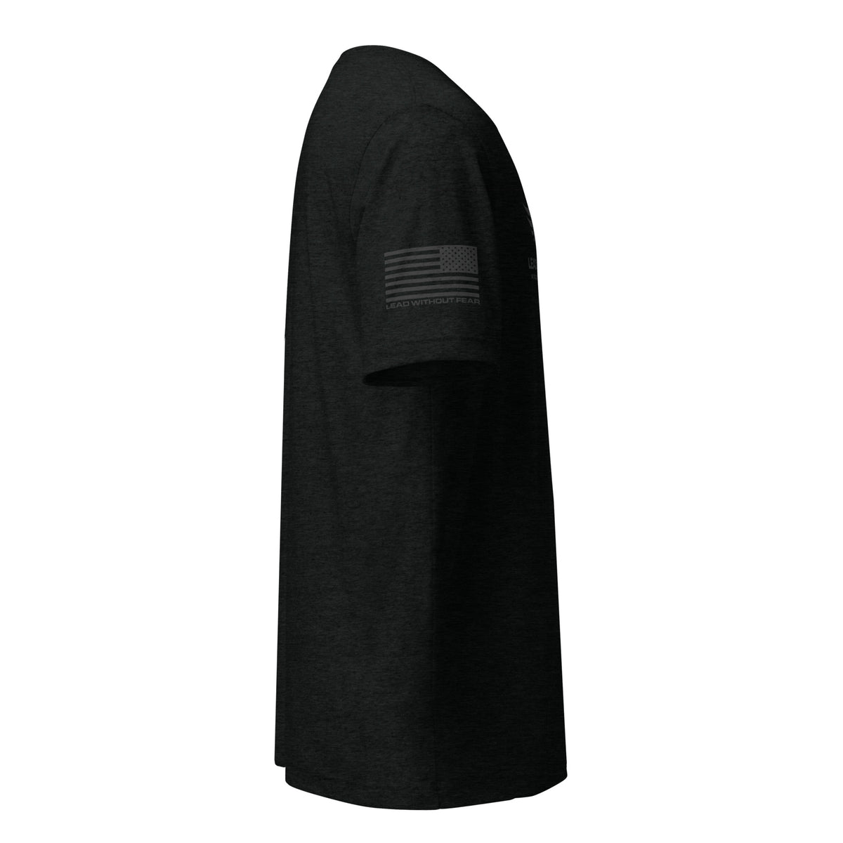 Lead Without Fear Black Stealth Tee showing a USA Flag on the sleeve