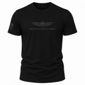A black short-sleeve crewneck t-shirt featuring a dark gray winged emblem and the text 'LEAD WITHOUT FEAR' printed on the chest, with a small American flag graphic on the right sleeve, shown against a plain white background.