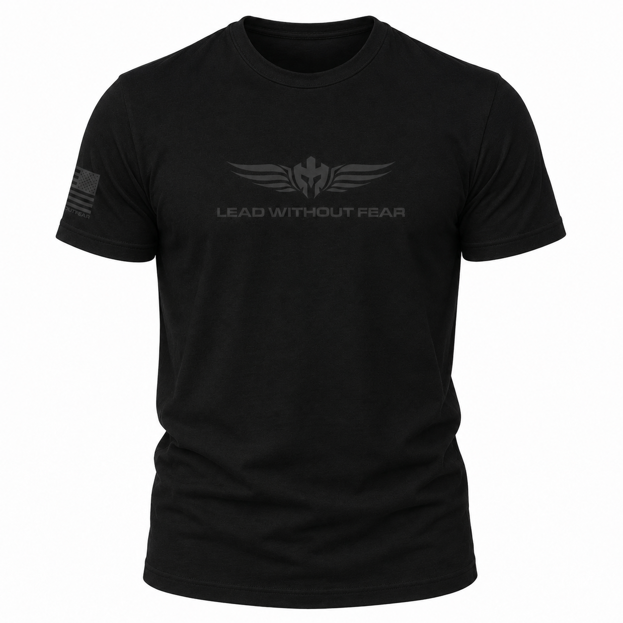 A black short-sleeve crewneck t-shirt featuring a dark gray winged emblem and the text 'LEAD WITHOUT FEAR' printed on the chest, with a small American flag graphic on the right sleeve, shown against a plain white background.