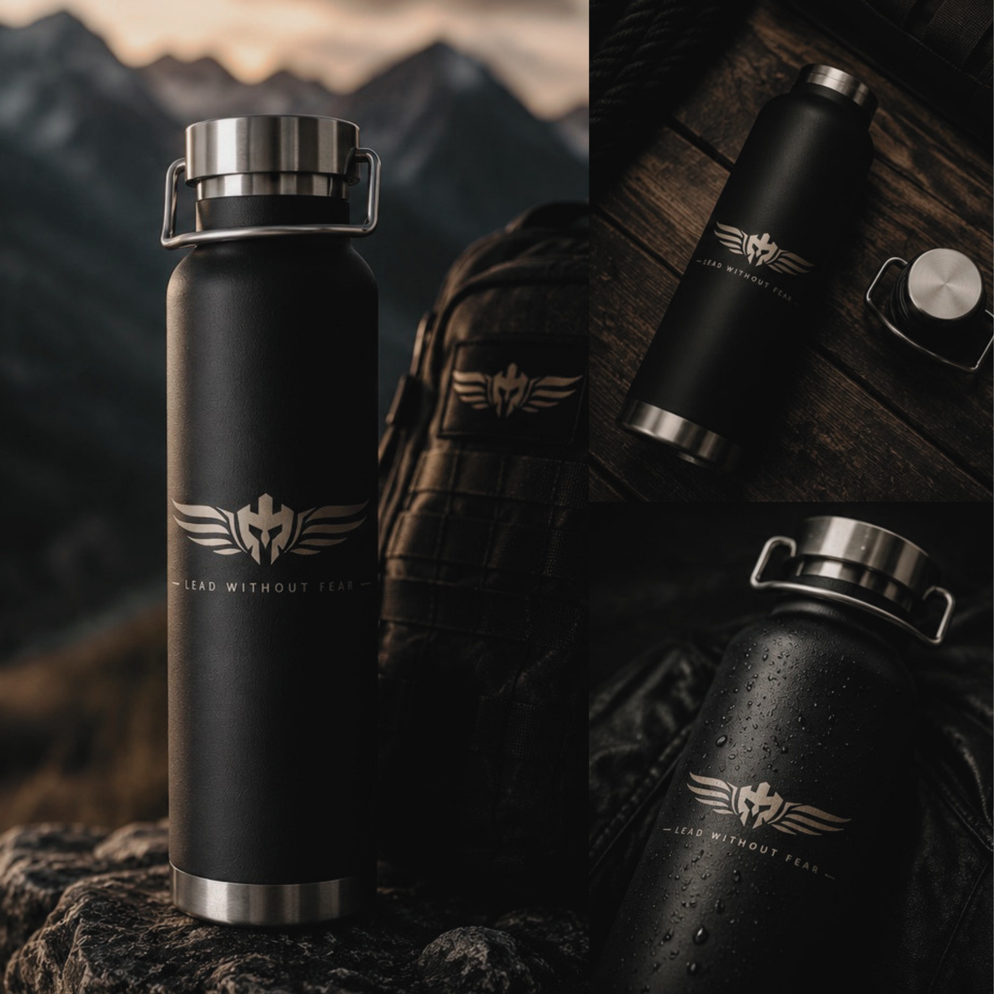 A black insulated water bottle with a silver lid and handle, shown in a rugged outdoor setting with mountains in the background, plus close-up inset views of the bottle and a matching backpack.