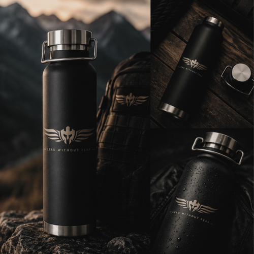 A black insulated water bottle with a silver lid and handle, shown in a rugged outdoor setting with mountains in the background, plus close-up inset views of the bottle and a matching backpack.