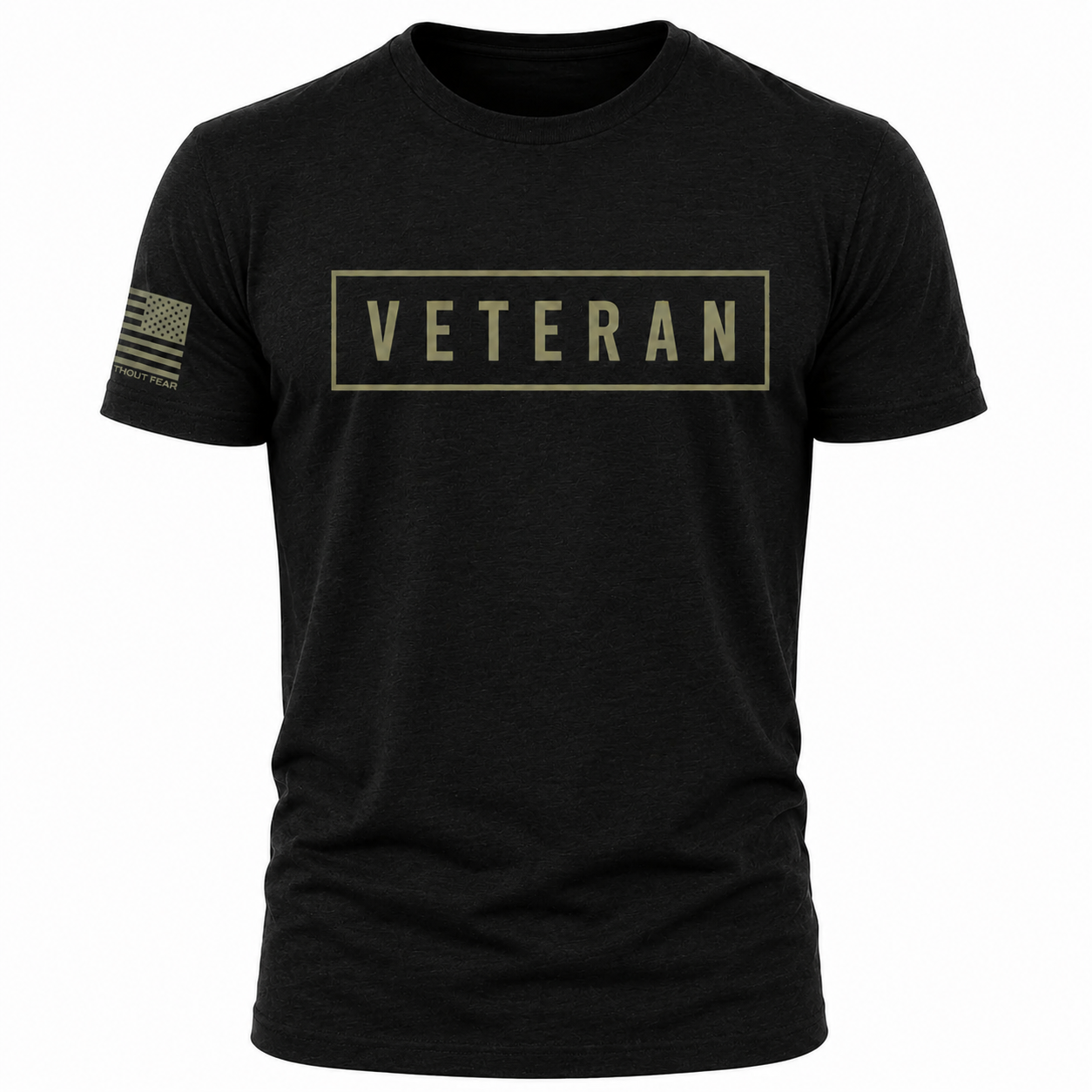 A black short-sleeve crewneck t-shirt featuring a tan rectangular graphic on the chest with the word 'VETERAN' inside, and a tan American flag graphic on the right sleeve.