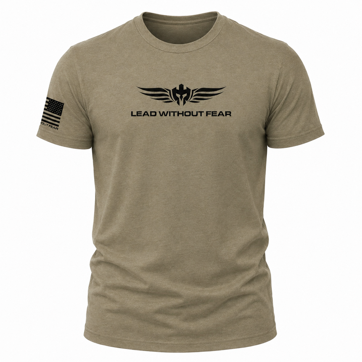 A short-sleeve crewneck t-shirt in khaki/tan with a black winged emblem and the text 'LEAD WITHOUT FEAR' on the chest, plus a black American flag graphic on the right sleeve.