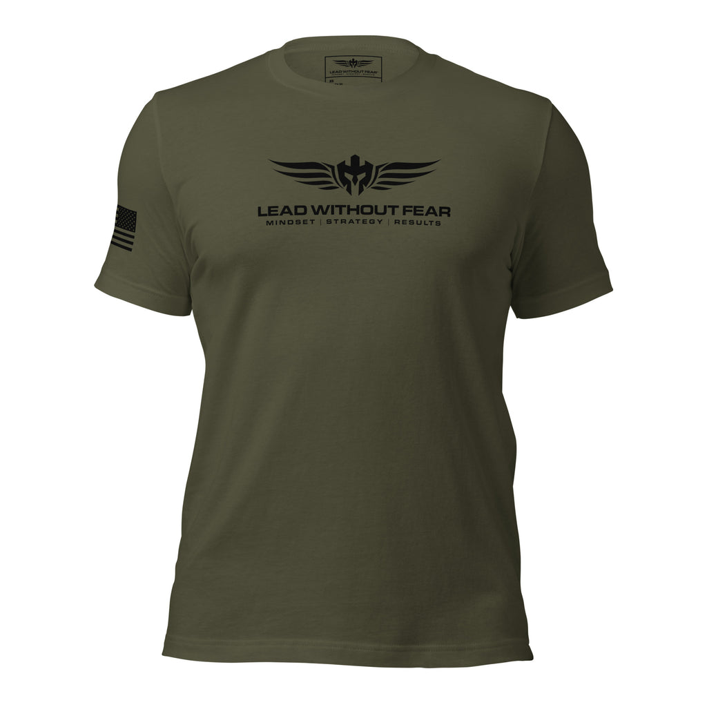 Lead Without Fear military tee, Bella+Canvas 3001, black t-shirt with American flag sleeve and helmet wings chest logo honoring military service.