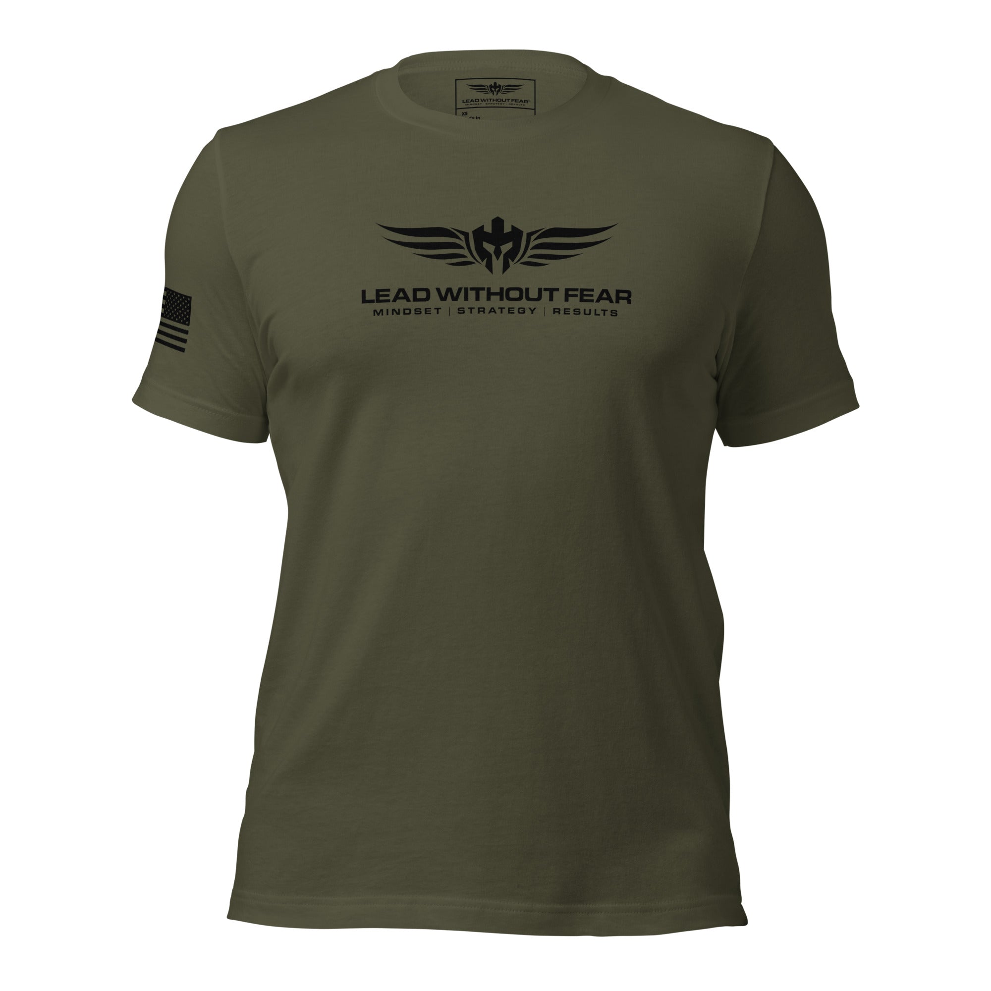 Lead Without Fear military tee, Bella+Canvas 3001, black t-shirt with American flag sleeve and helmet wings chest logo honoring military service.