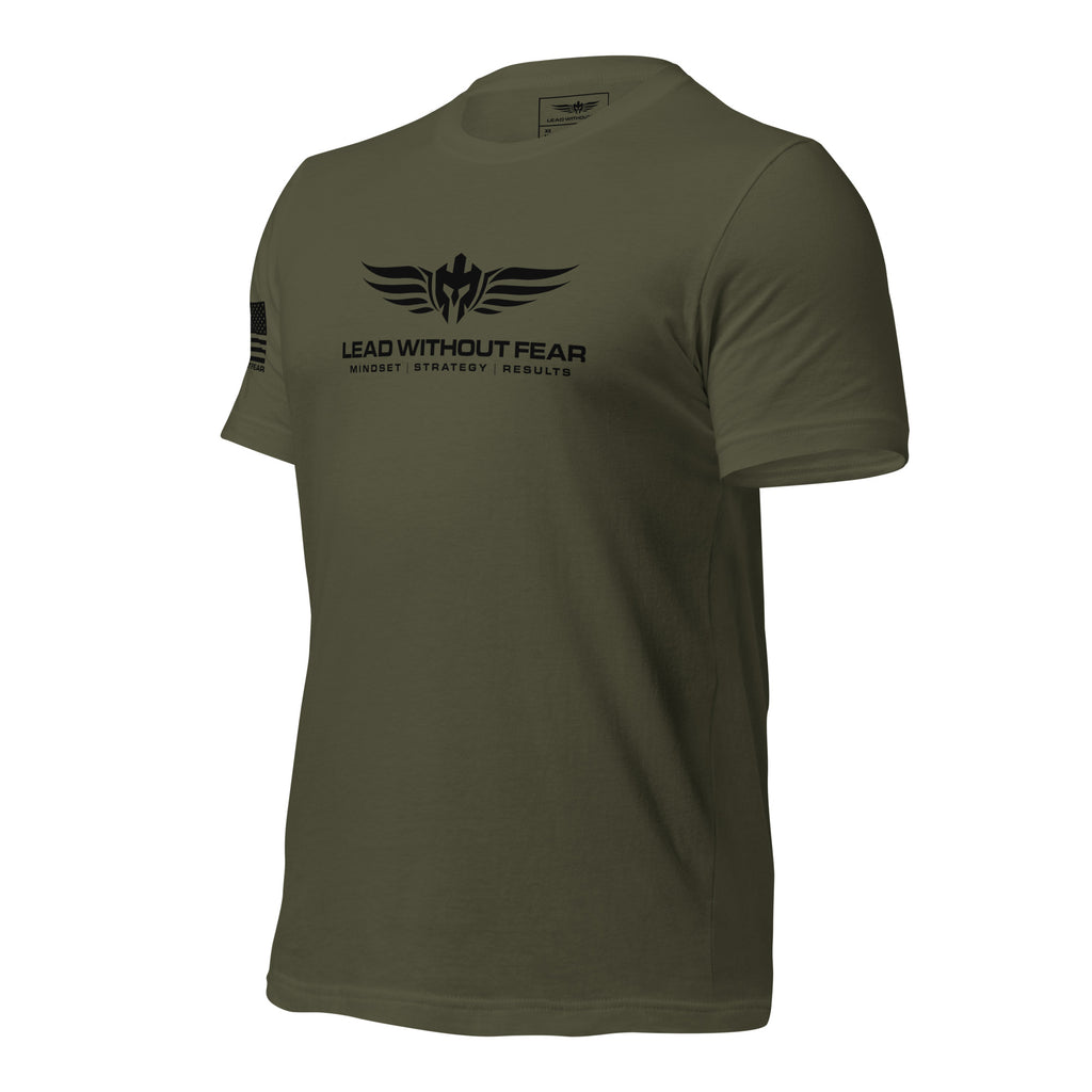 lead without fear military tee with sleeve flag, front left view