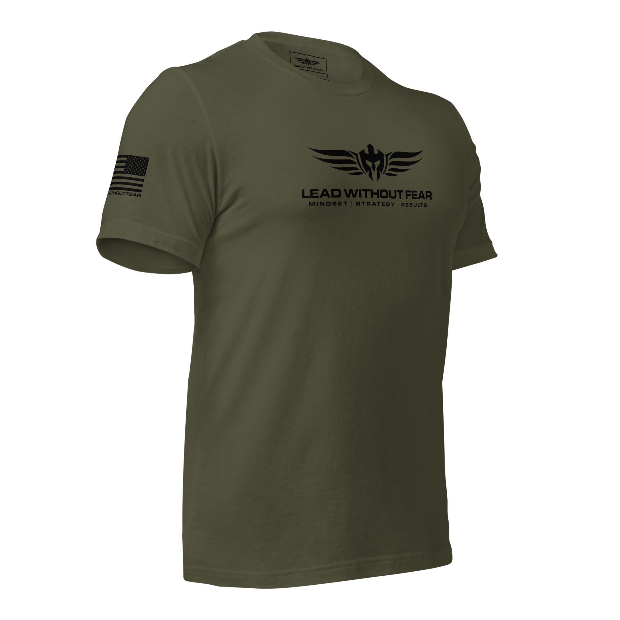 lead without fear military tee with sleeve flag, front right view