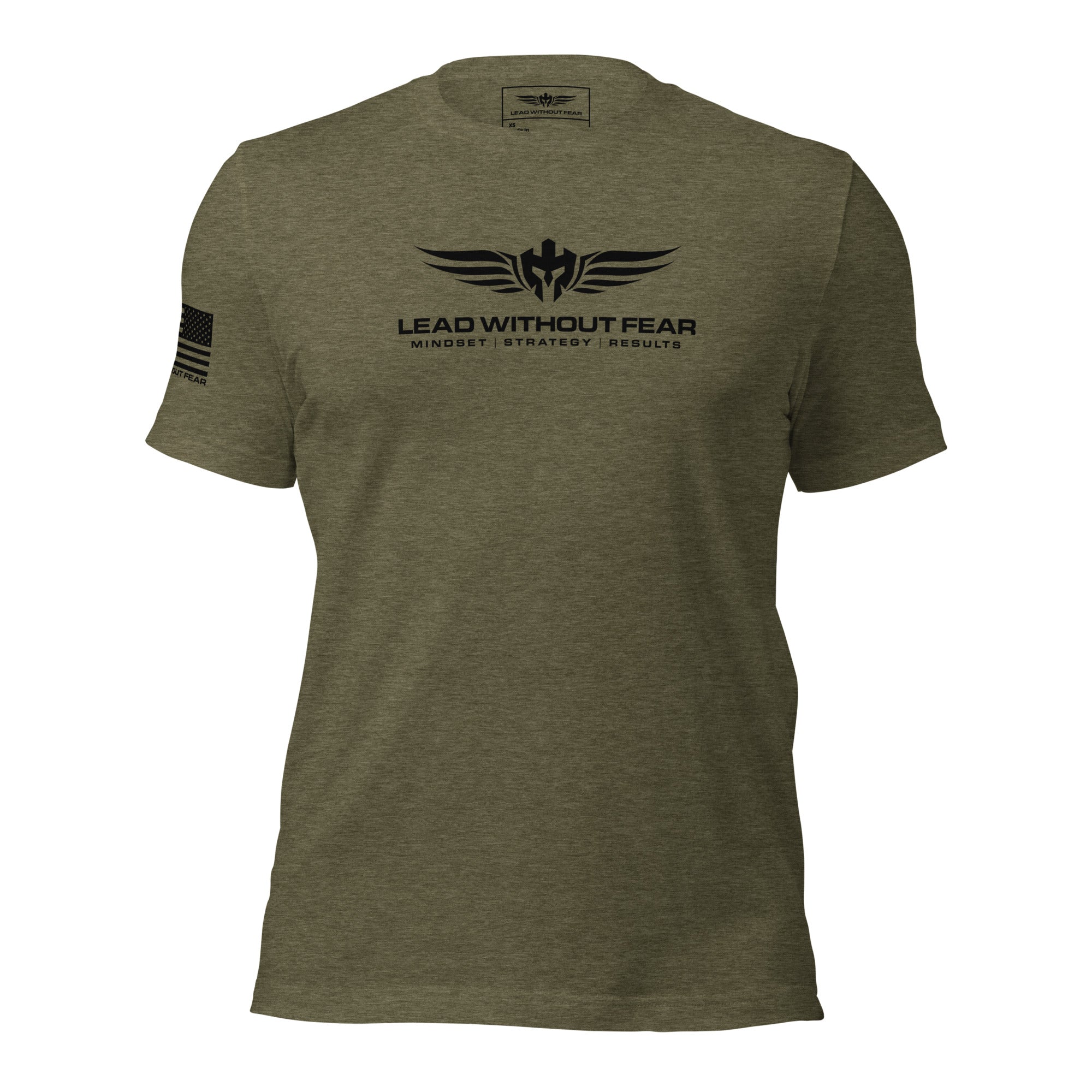 lead without fear military tee with sleeve flag, front view (Olive)