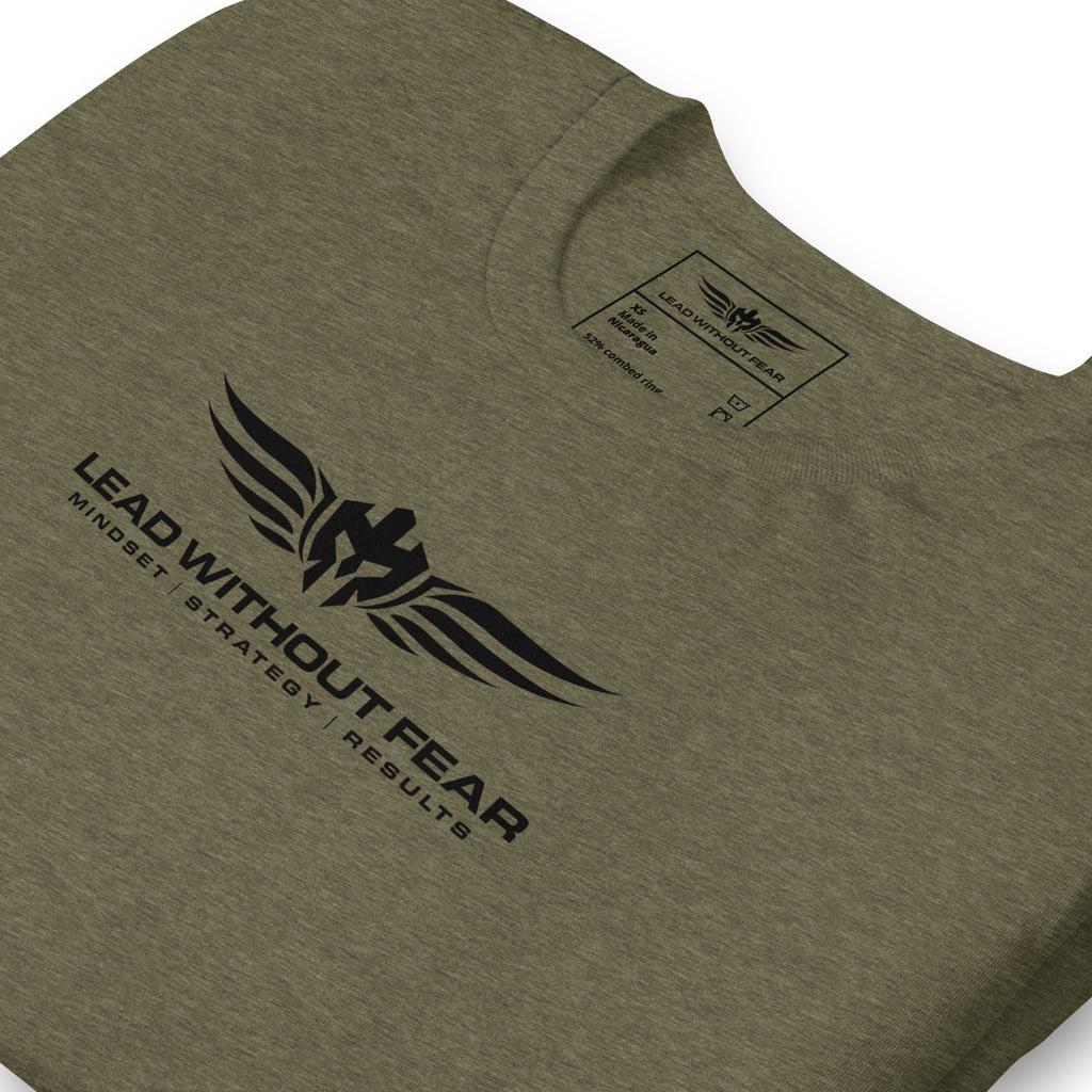 lead without fear military tee with sleeve flag, front lay view