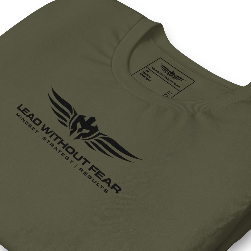 lead without fear military tee with sleeve flag, flat lay view