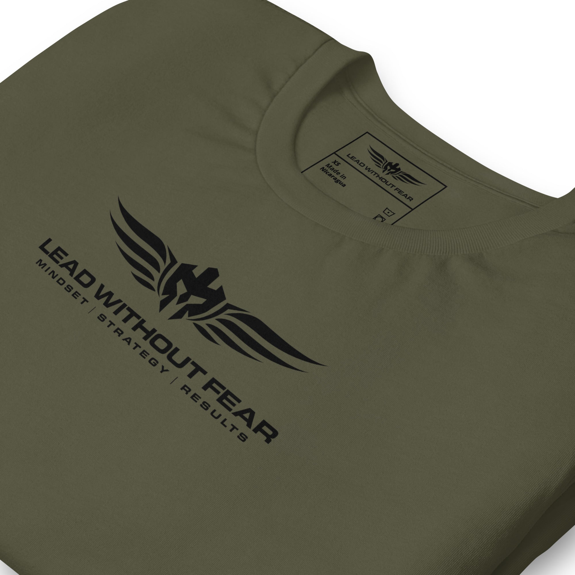 lead without fear military tee with sleeve flag, flat lay view