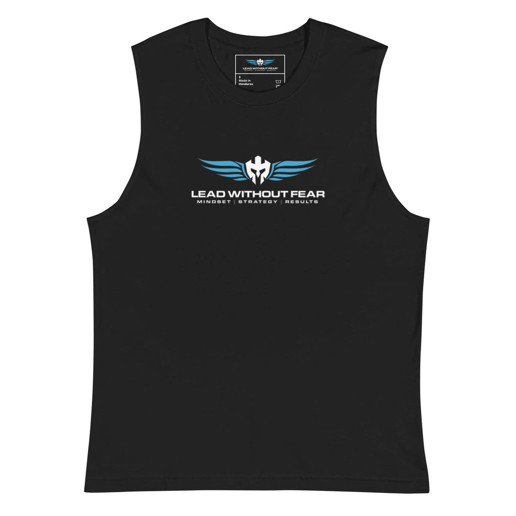 Lead Without Fear muscle tee, sleeveless Bella+Canvas black cut, chest logo with helmet and wings.
