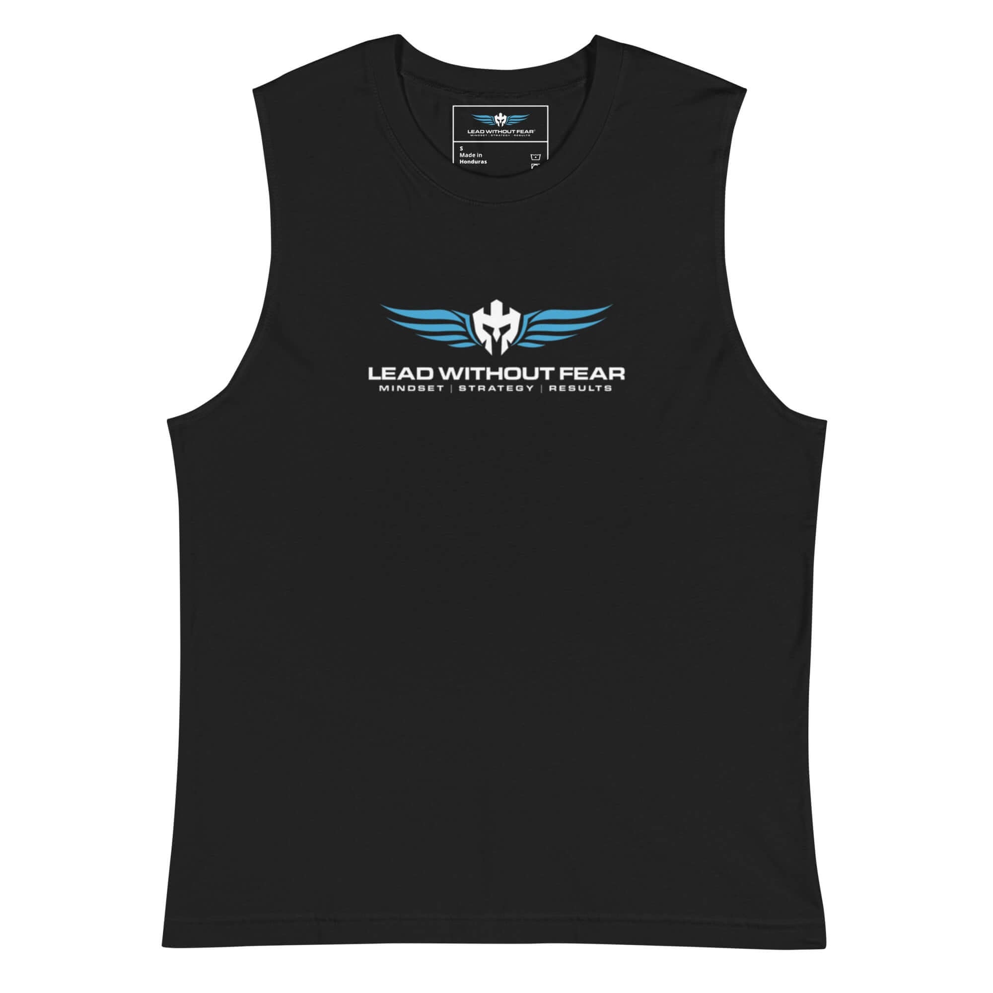 Lead Without Fear muscle tee, sleeveless Bella+Canvas black cut, chest logo with helmet and wings.