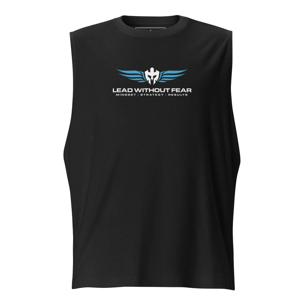 Lead Without Fear muscle tee, sleeveless Bella+Canvas black cut, chest logo with helmet and wings.