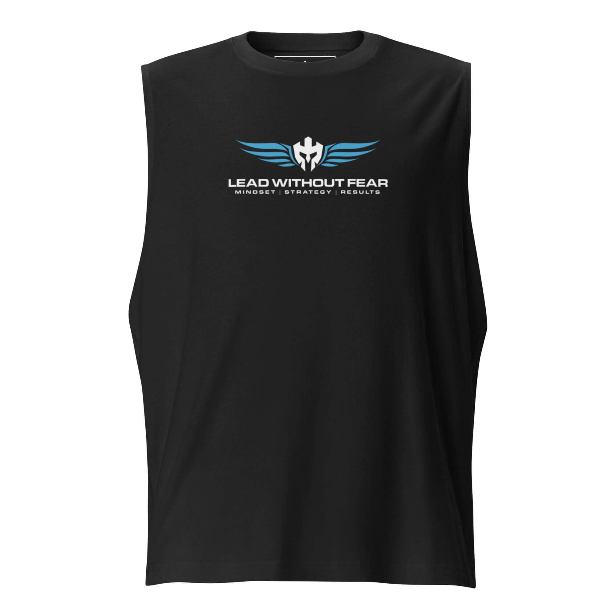 Lead Without Fear muscle tee, sleeveless Bella+Canvas black cut, chest logo with helmet and wings.