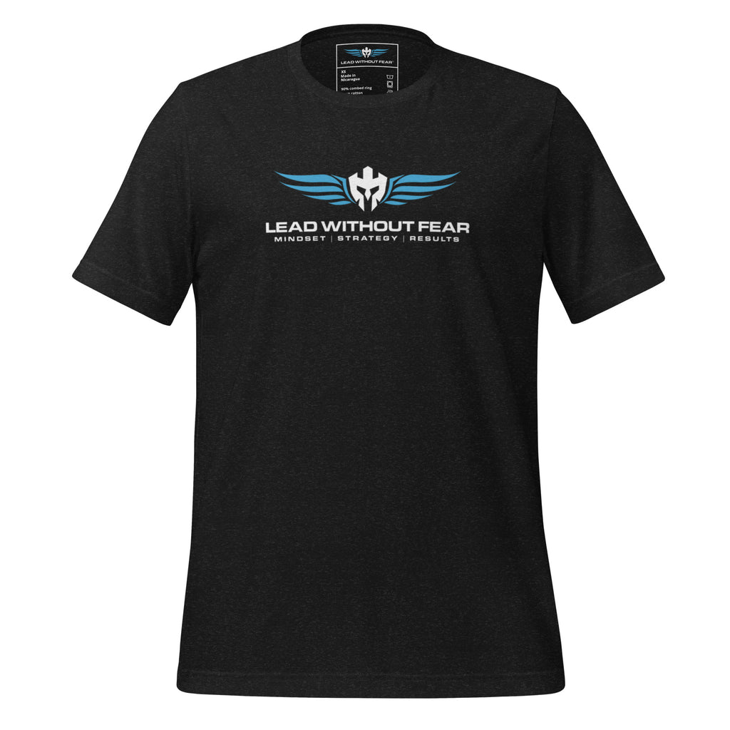 Lead Without Fear original premium tee, black Bella+Canvas 3001, white helmet and wings logo with Mindset Strategy Results tagline.
