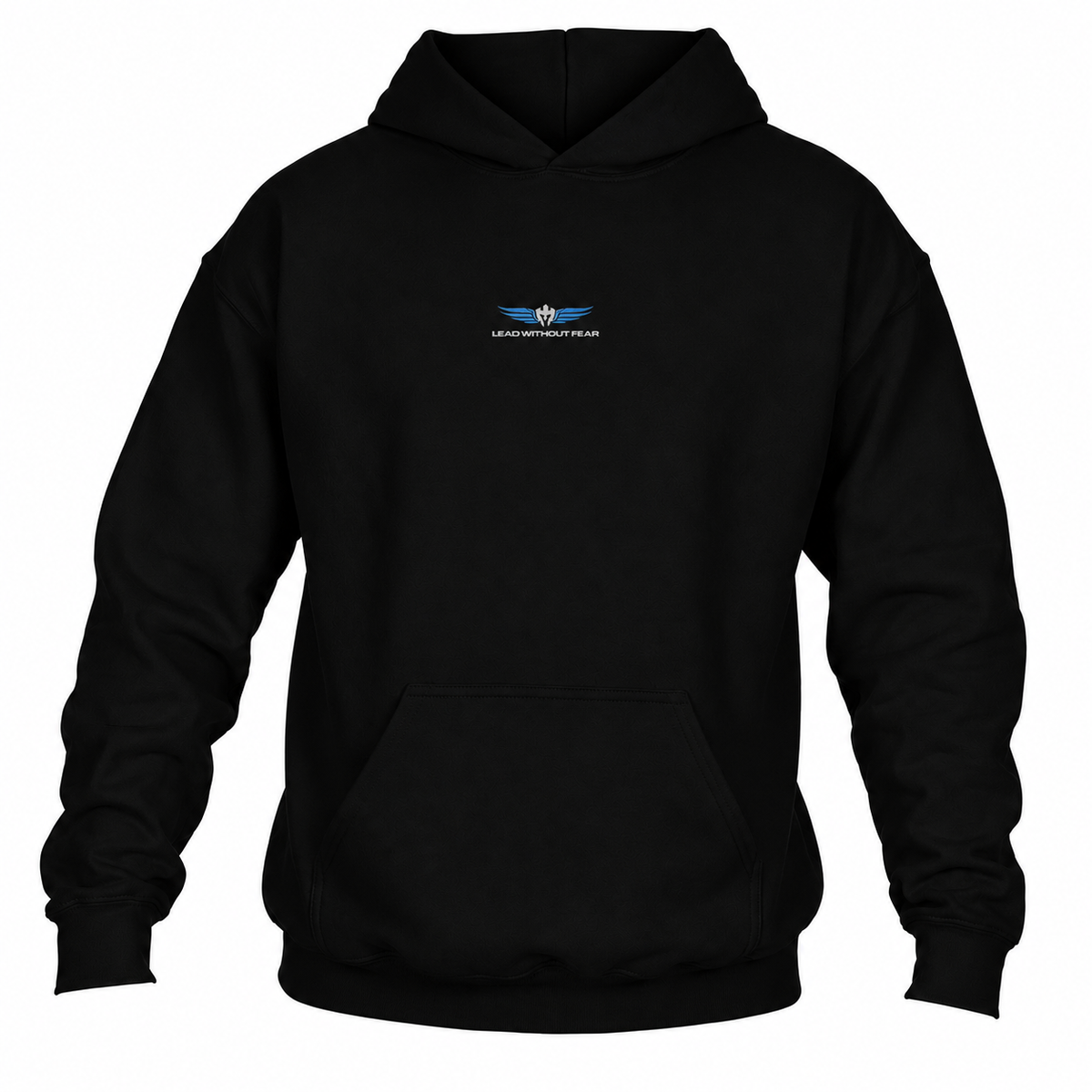 A black pullover hoodie with a small Lead Without Fear embroidered logo on center chest, displayed against a plain white background.