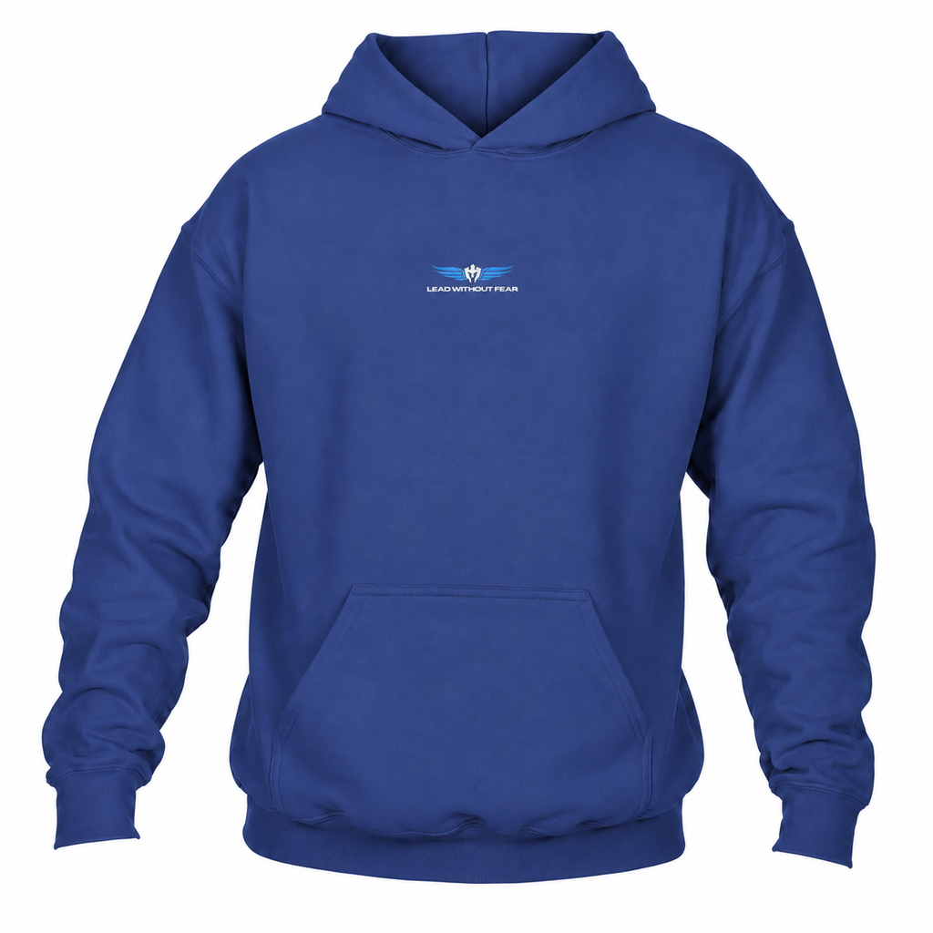 A Cobalt blue pullover hoodie with a small Lead Without Fear embroidered logo on center chest, displayed against a plain white background.