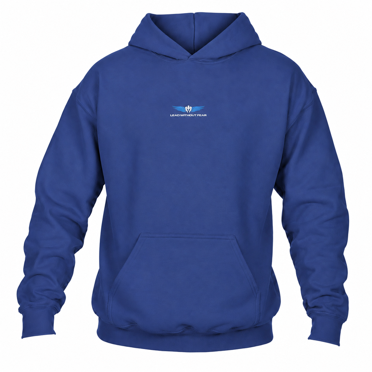 A Cobalt blue pullover hoodie with a small Lead Without Fear embroidered logo on center chest, displayed against a plain white background.