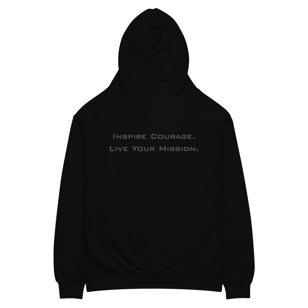 Oversized hoodie featuring the Lead Without Fear® logo embroidered on the front and “Inspire Courage. Live Your Mission.” DTG printed on the back.