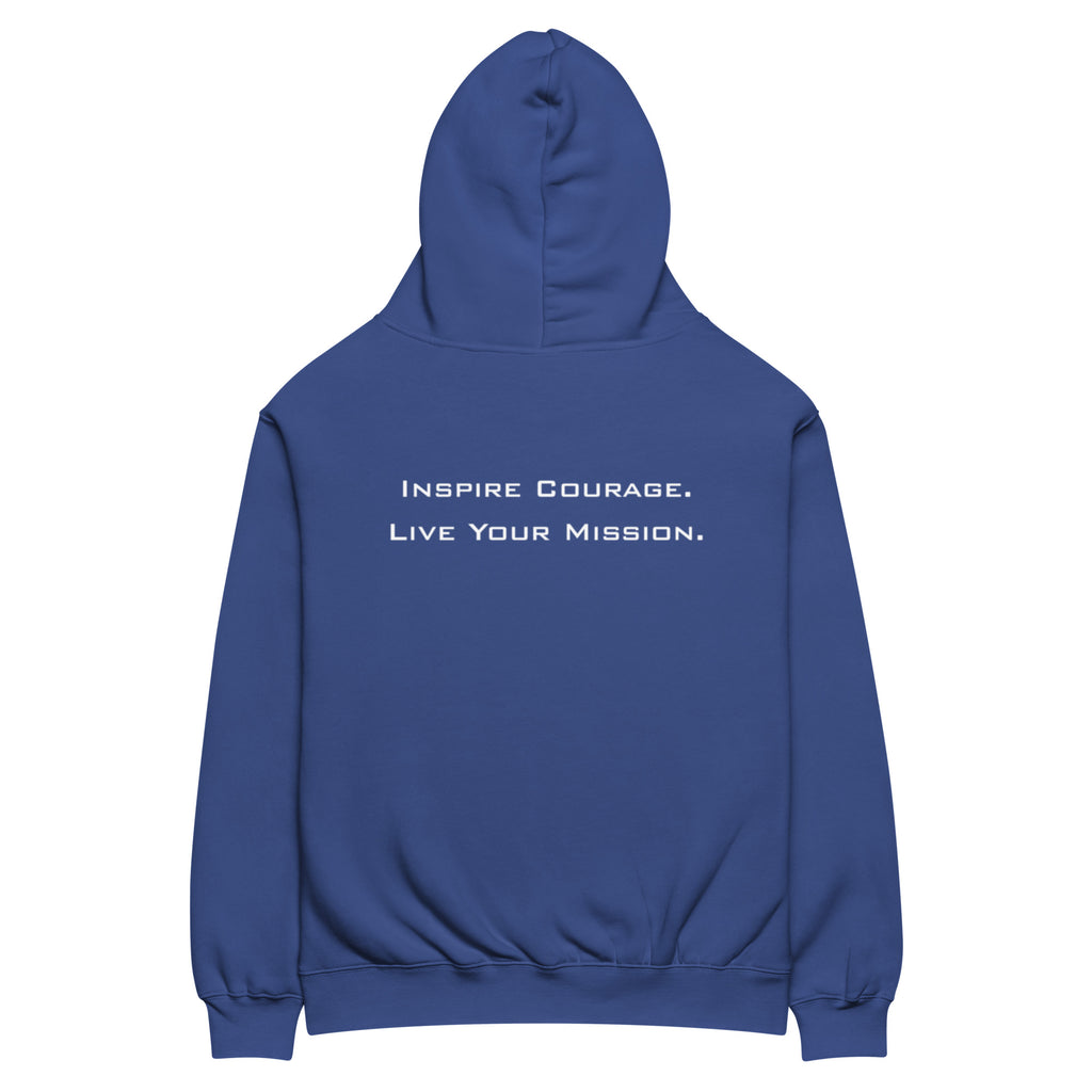 Oversized hoodie featuring the Lead Without Fear® logo embroidered on the front and “Inspire Courage. Live Your Mission.” DTG printed on the back.
