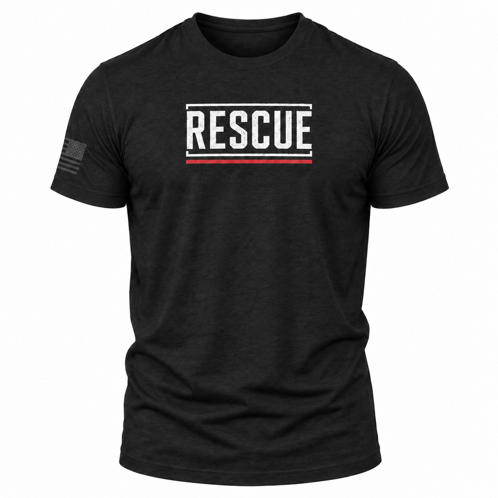A black short-sleeve crewneck t-shirt with a distressed white 'RESCUE' graphic on the chest, accented by a thin red horizontal line underneath. A dark gray distressed American flag is printed on the right sleeve.