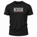 A black short-sleeve crewneck t-shirt with a distressed white 'RESCUE' graphic on the chest, accented by a thin red horizontal line underneath. A dark gray distressed American flag is printed on the right sleeve.