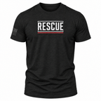 A black short-sleeve crewneck t-shirt with a distressed white 'RESCUE' graphic on the chest, accented by a thin red horizontal line underneath. A dark gray distressed American flag is printed on the right sleeve.