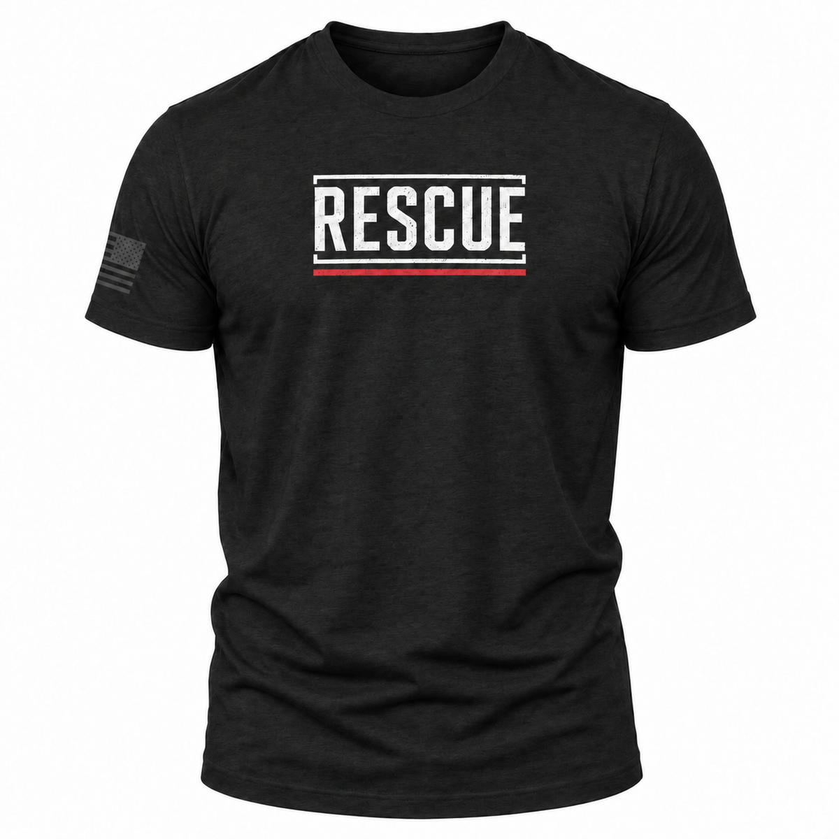 A black short-sleeve crewneck t-shirt with a distressed white 'RESCUE' graphic on the chest, accented by a thin red horizontal line underneath. A dark gray distressed American flag is printed on the right sleeve.